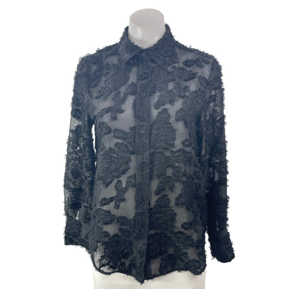 H&M Women's Black Long Sleeves Sheer Floral Jacquard Button Down Shirt Top Sz XS